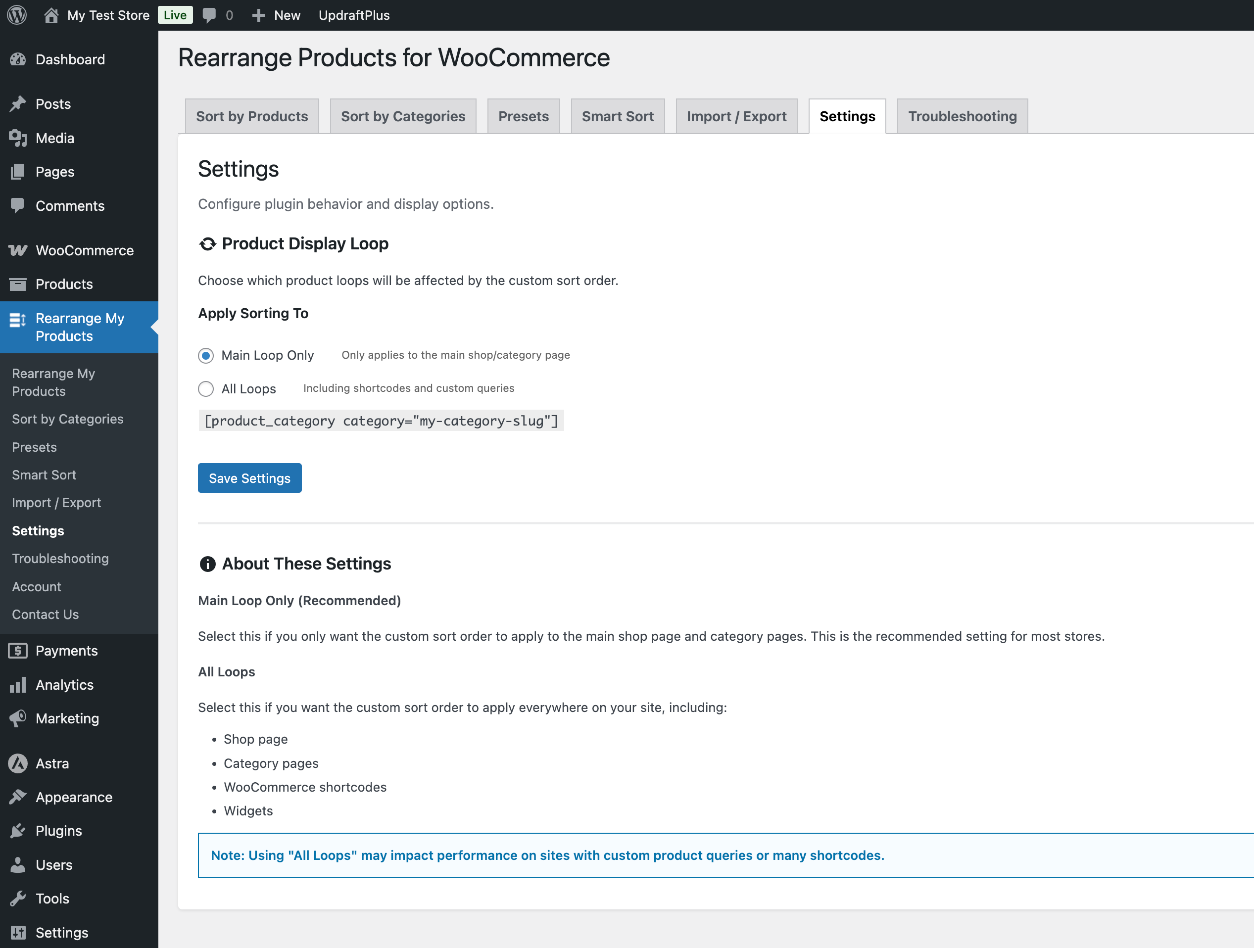 Settings page